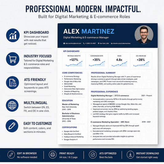 Premium E-commerce and Growth Marketing Resume Template for Media Buyers and Shopify Specialists, featuring a clean ATS-pass layout, 1:1 product showcase mockup, and customizable metric graphs.