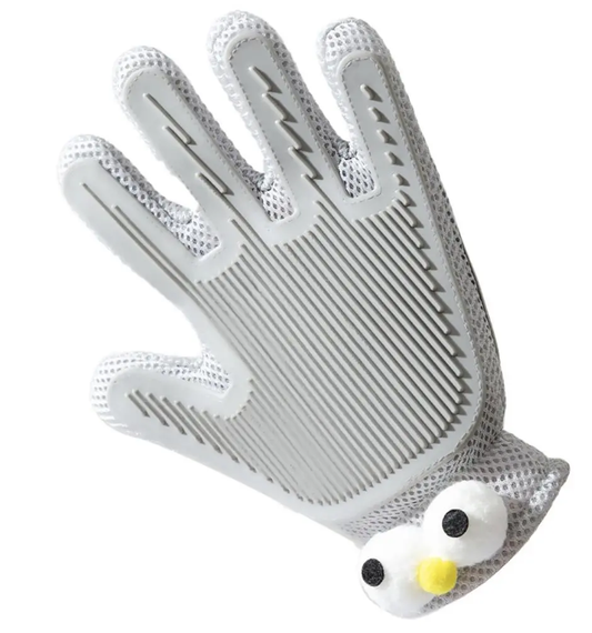 Cute grey monster big eyes pet grooming gloves - double-sided de-shedding and massage brush for dogs and cats
