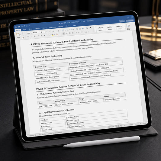 Detailed preview of the OranMu Amazon Brand Abuse appeal template showing legal evidence sections on a tablet
