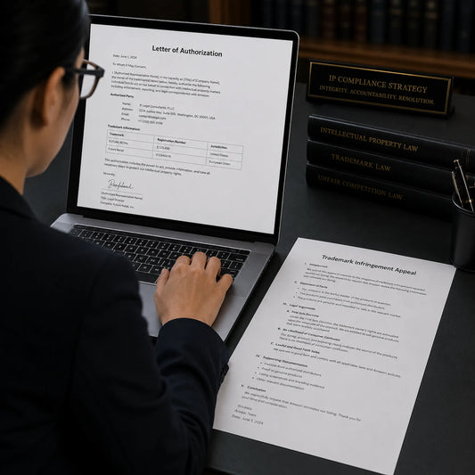 Consultant verifying a Letter of Authorization alongside a full-sized Amazon trademark appeal template