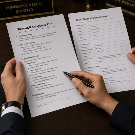 Diverse legal team reviewing a trademark report and corrective measures for an Amazon IP suspension