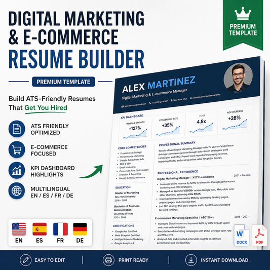 Interactive Multilingual Digital Marketing Resume Builder Template showcasing a professional single-column ATS-friendly CV with an integrated E-commerce performance metrics dashboard and KPI highlights.
