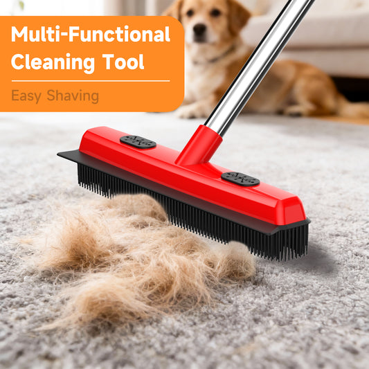 Red 2-in-1 pet hair remover broom pulling large clump of embedded fur from carpet with happy dog watching