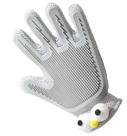 Cute grey monster big eyes pet grooming gloves - double-sided de-shedding and massage brush for dogs and cats