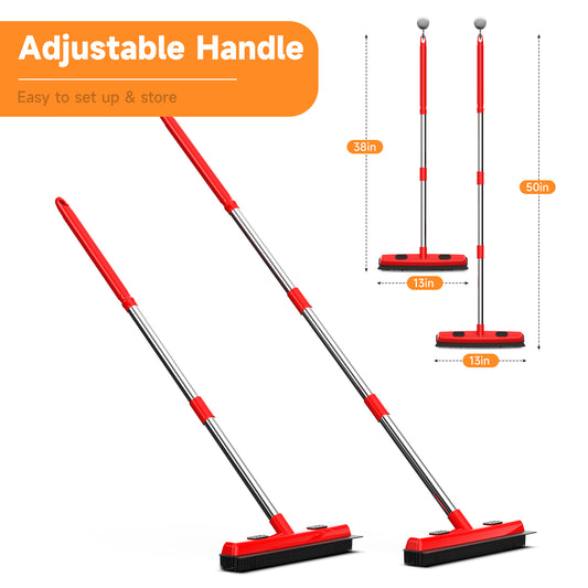 Adjustable telescopic handle on red pet hair remover broom - extends for comfortable reach on carpets and floors