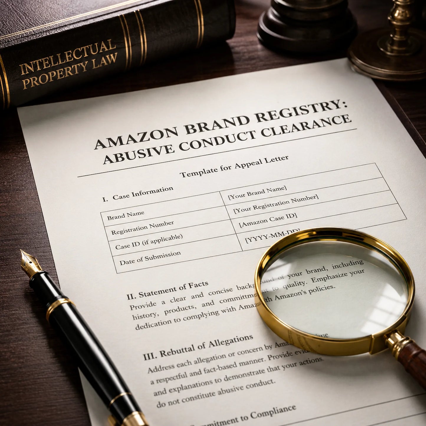 Printed Amazon Brand Registry Abusive Conduct Clearance Appeal document on an expert desk with a fountain pen