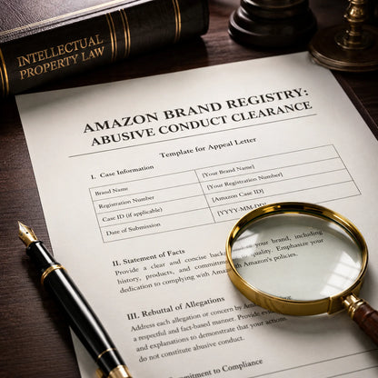 Printed Amazon Brand Registry Abusive Conduct Clearance Appeal document on an expert desk with a fountain pen