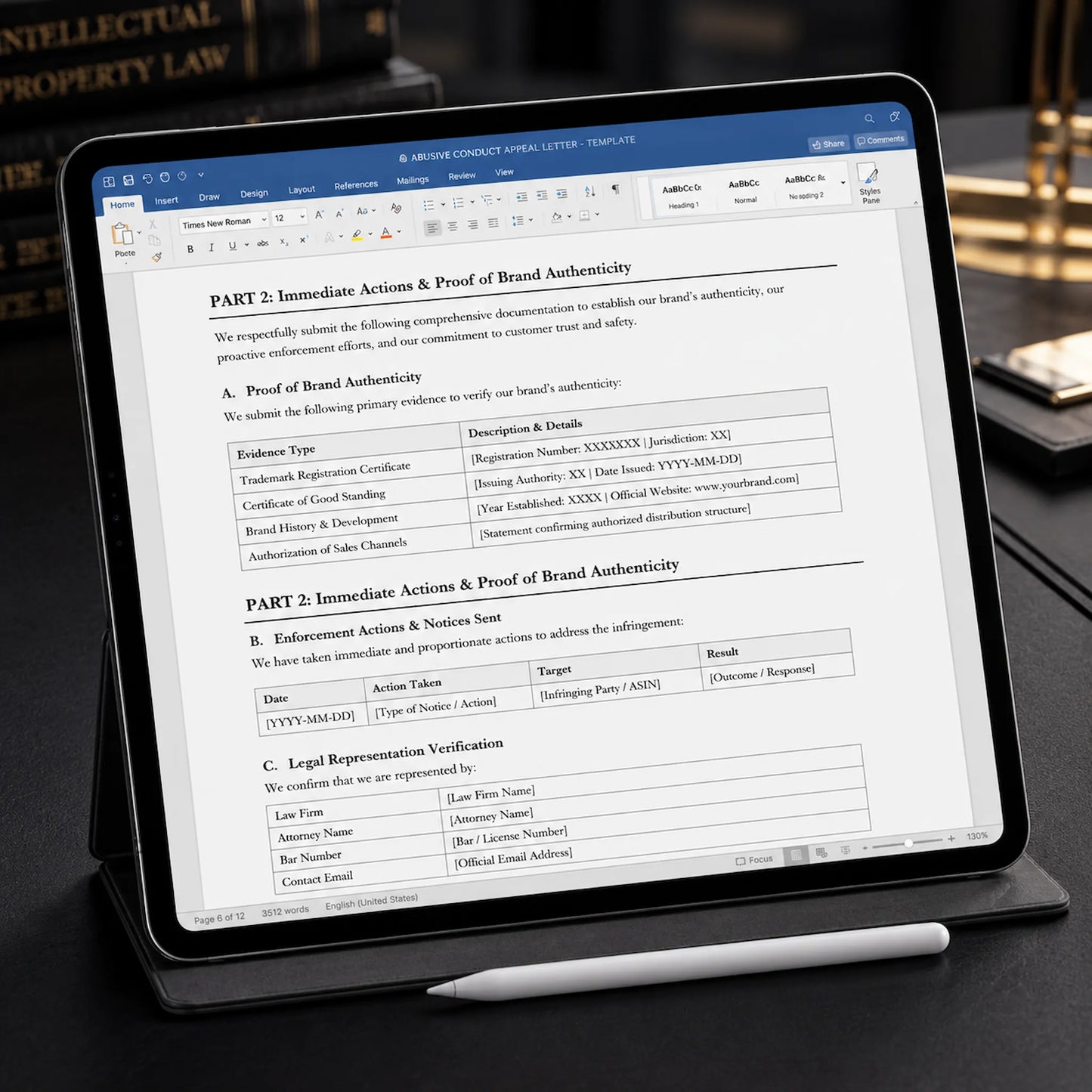 Detailed preview of the OranMu Amazon Brand Abuse appeal template showing legal evidence sections on a tablet