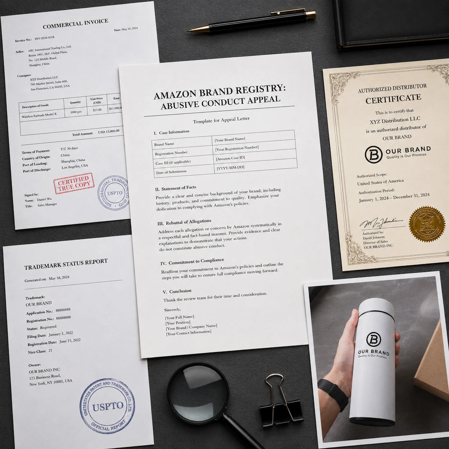 Comprehensive Amazon brand registry defense kit including appeal template, commercial invoices, and product evidence
