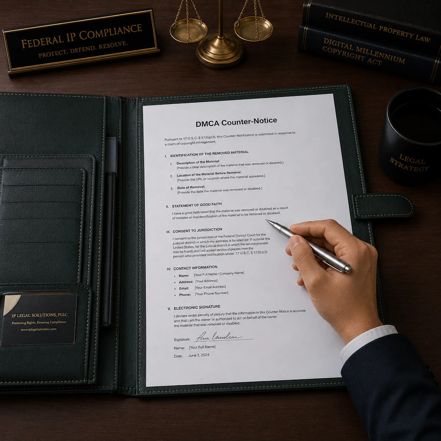 IP agent signing the Good Faith Statement on a standard A4 DMCA Counter-Notice template
