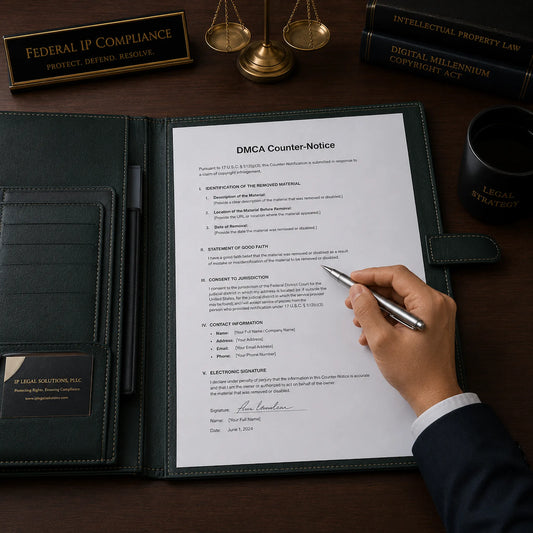 IP agent signing the Good Faith Statement on a standard A4 DMCA Counter-Notice template
