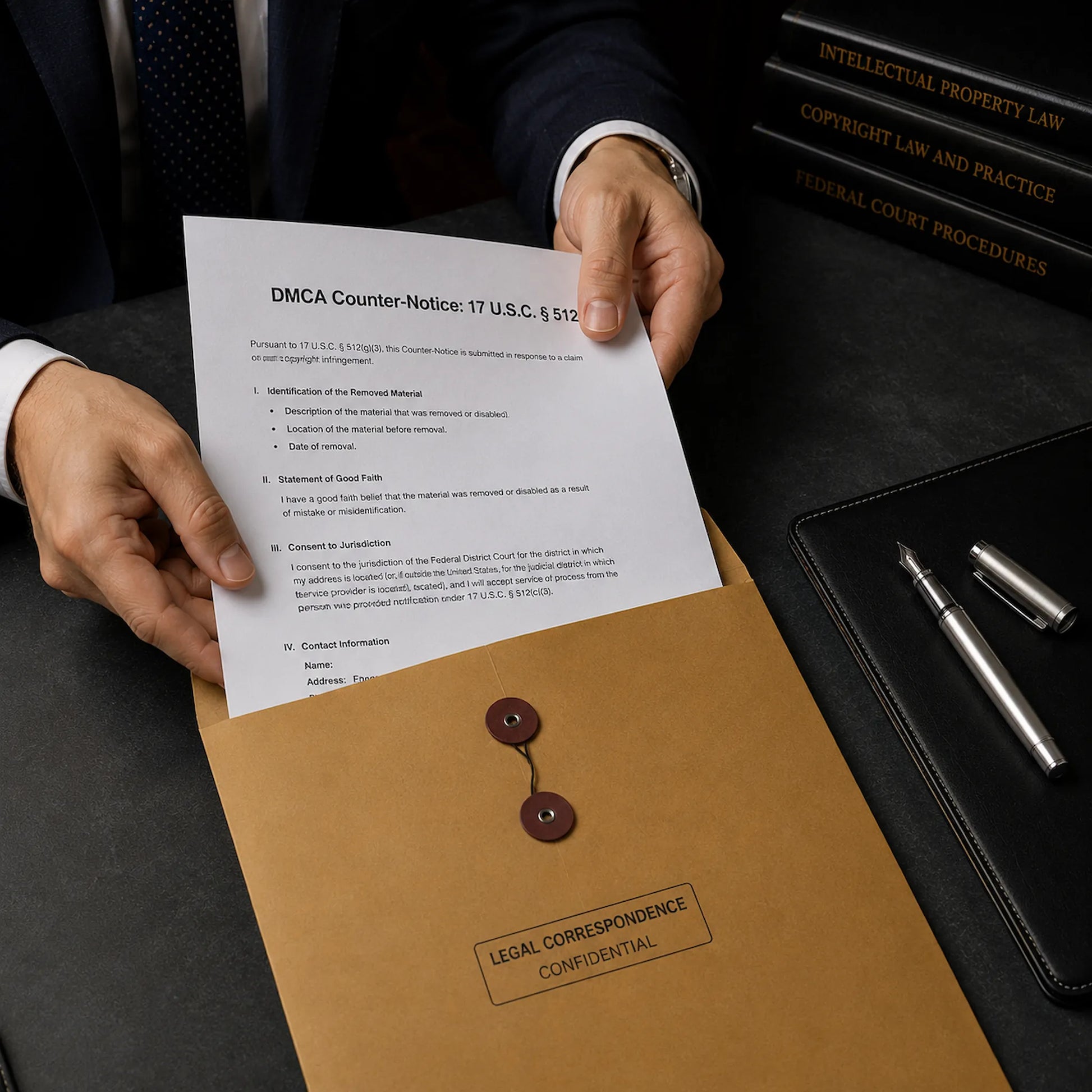 Amazon DMCA copyright defense toolkit in a legal folder with 17 U.S.C. compliance framework