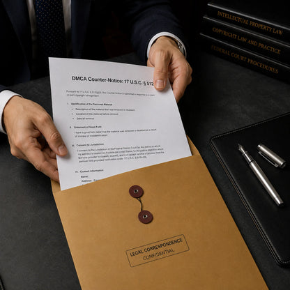 Amazon DMCA copyright defense toolkit in a legal folder with 17 U.S.C. compliance framework