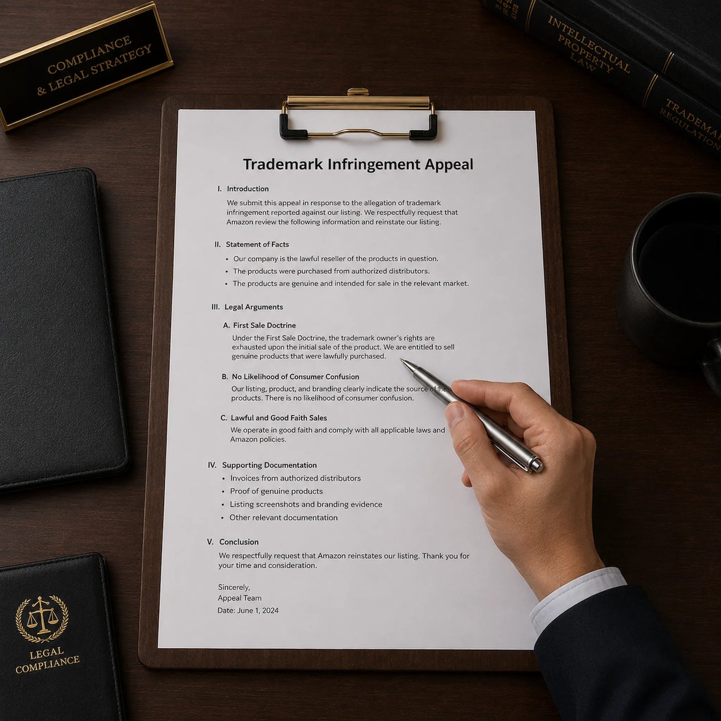 Legal expert preparing a Trademark Infringement Appeal using the First Sale Doctrine on a standard A4 clipboard
