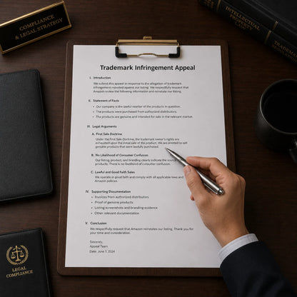 Legal expert preparing a Trademark Infringement Appeal using the First Sale Doctrine on a standard A4 clipboard