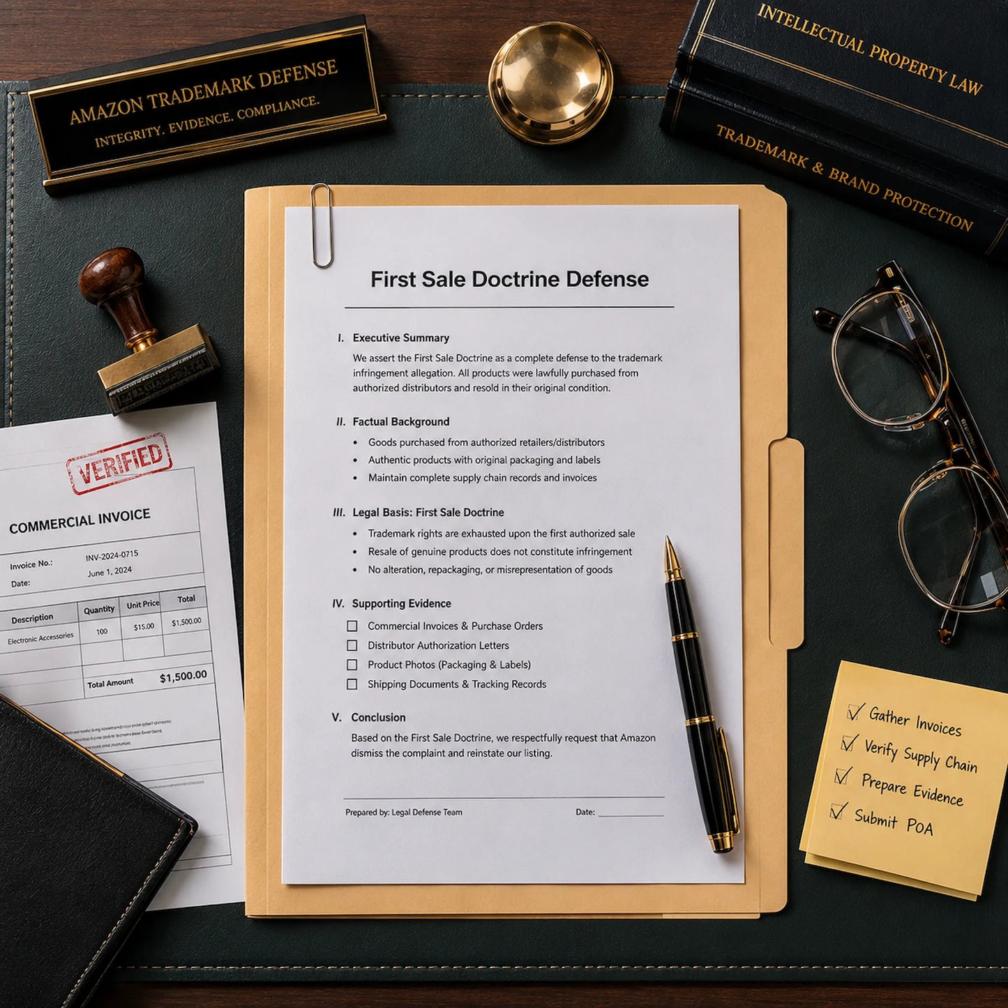 Amazon trademark defense toolkit in a manila folder, featuring invoices and the First Sale Doctrine appeal