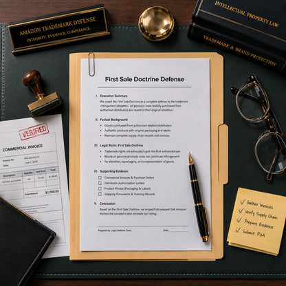 Amazon trademark defense toolkit in a manila folder, featuring invoices and the First Sale Doctrine appeal