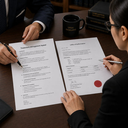 Diverse compliance team reviewing a full-sized trademark infringement appeal and official LOA documents