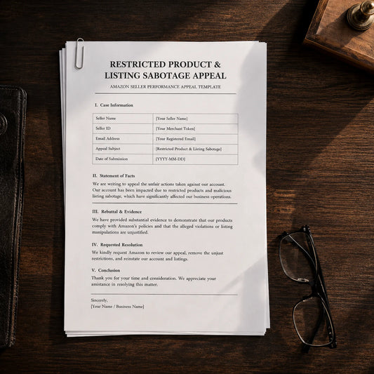 Flat lay of a printed Amazon Listing Sabotage Appeal on a dark wood desk with reading glasses