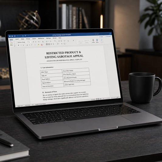 A premium MacBook screen displaying the OranMu Restricted Product appeal template next to a matte black coffee mug