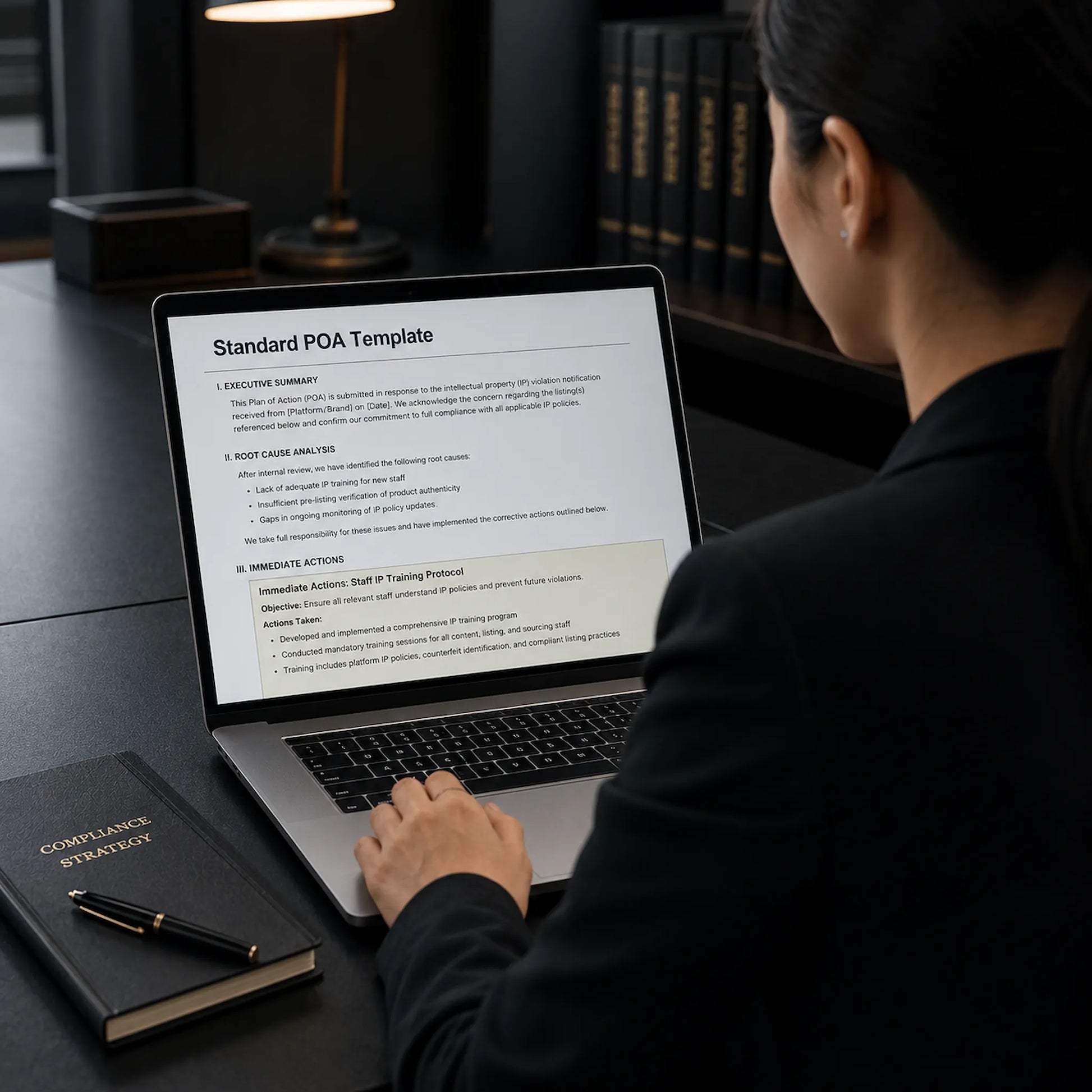 Consultant drafting a staff IP training protocol for an Amazon standard POA template