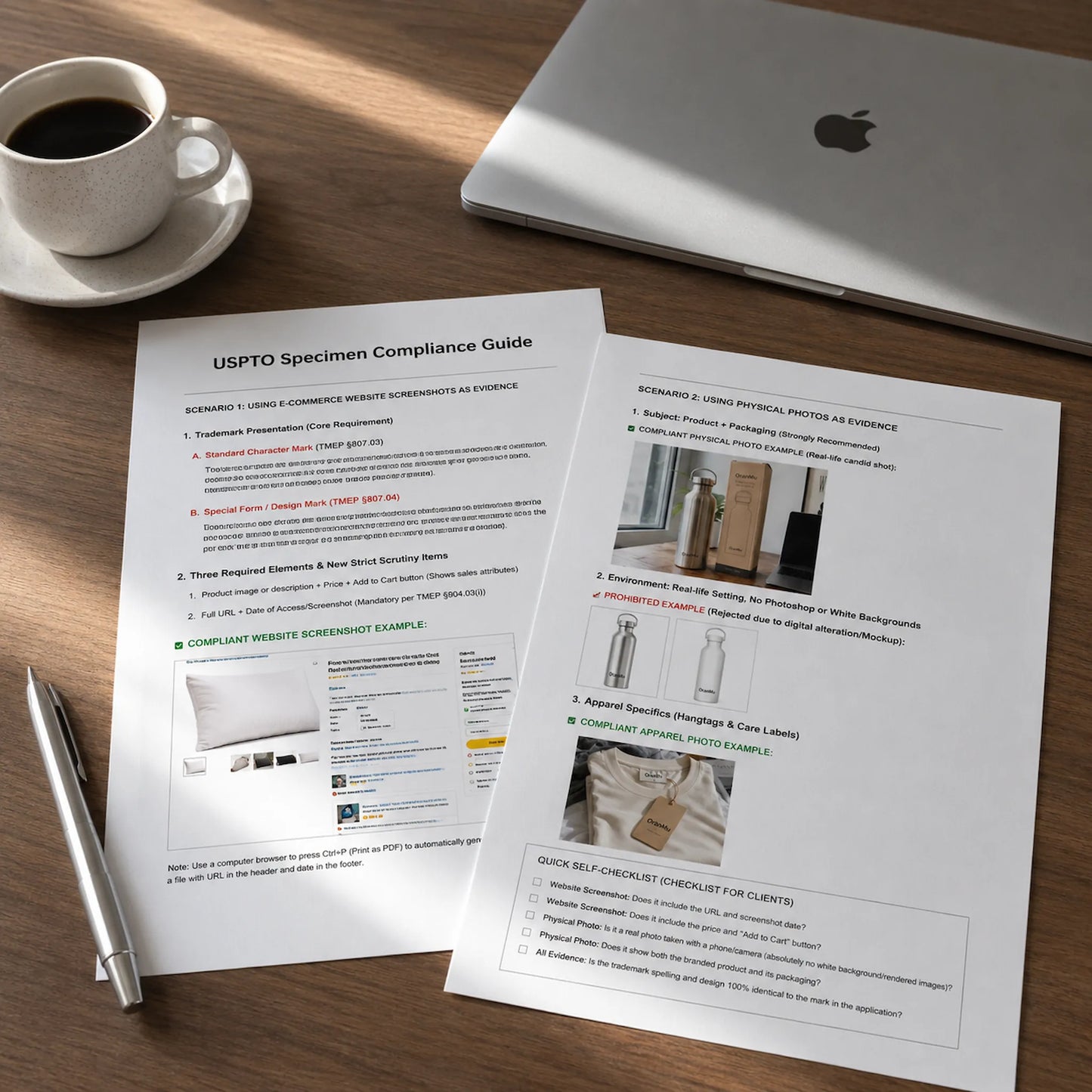 USPTO Trademark Specimen Compliance Guide printed documents and a laptop on a professional wooden desk