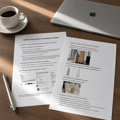 USPTO Trademark Specimen Compliance Guide printed documents and a laptop on a professional wooden desk
