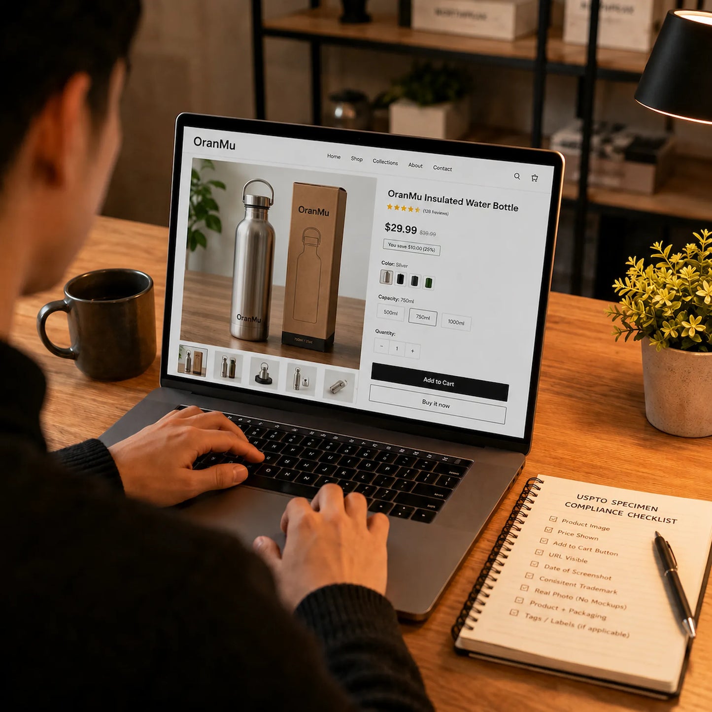 E-commerce seller reviewing a compliance checklist and editing an online store product page on a laptop