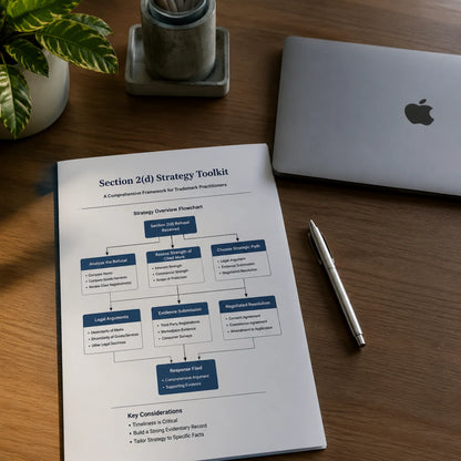 USPTO Section 2(d) Likelihood of Confusion strategy toolkit and legal flowchart on a wooden desk