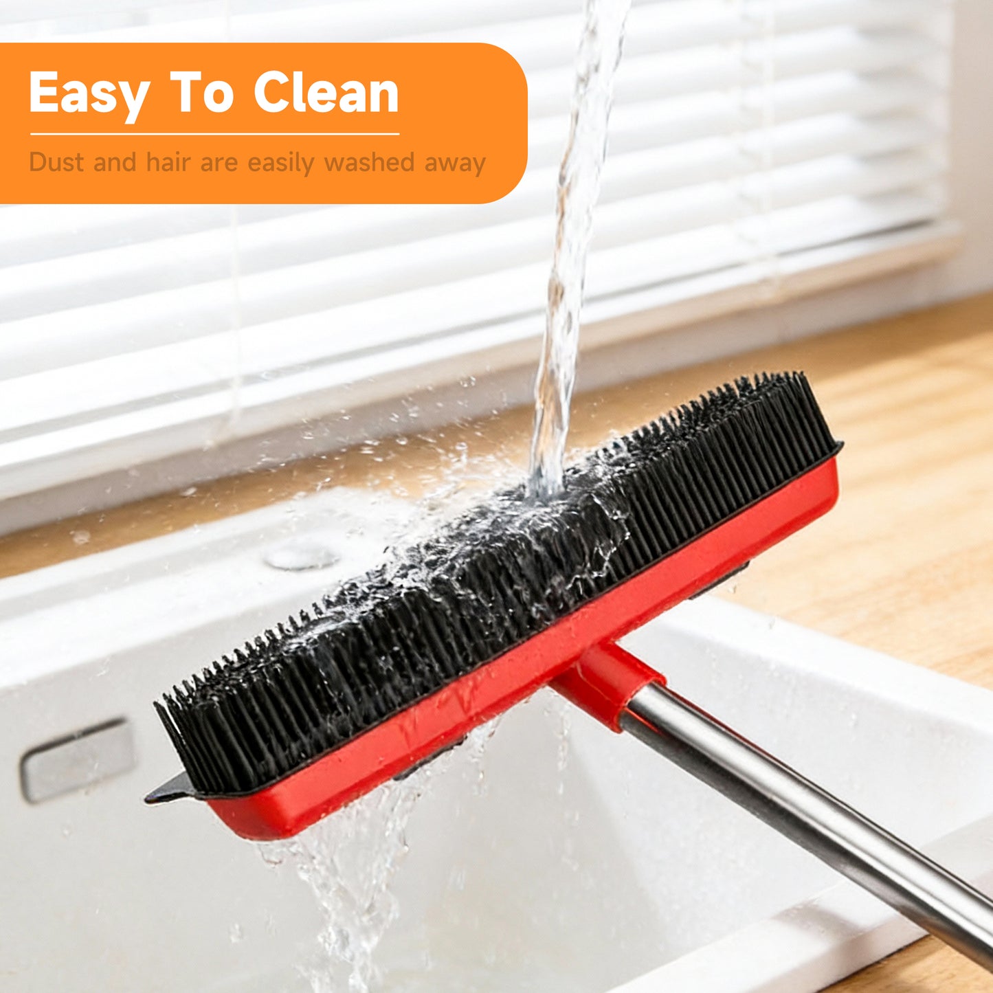 Easy cleaning of rubber bristles on pet hair remover broom - rinse under water to release trapped fur
