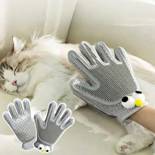 Cute grey monster big eyes pet grooming gloves - double-sided de-shedding and massage brush for dogs and cats